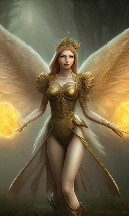 Female angel with beautiful perfect face big wings and golden crown floating above the ground in the dark enviroment, anatomically correct, michelangelo style, detailed, world of warcraft style, dark forest, trees, painting, brush strokes, 8k, dark forest in the background, epic scene, epic painting