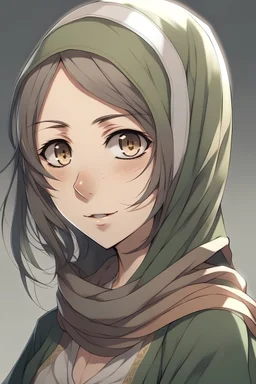 Anime girl side character with Muslim, pretty, dark eyes aged 27
