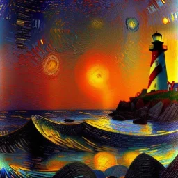 Fantasy, light house, Rocks, lighting, surreal, waves crashing below, 8k, sunset, sketch by Van Gogh in oil