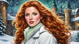 acrylic illustration, acrylic paint, oily sketch, cartoon, fairytale style winter, ([Brittany Robertson | Rachelle Lefevre] in white coat), ginger hair, green eyes, snowstorm, (castle) background, art by Todd Schorr