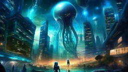 A captivating depiction in digital form, showcasing a plethora of extraordinary extraterrestrial creatures thriving within a surreal and lively ghosts realm. This imaginative artwork embodies the essence of science fiction, presenting a medium shot composition with fantastical beings that are unique, belonging to a world beyond our own. A modern city out of this world enhanced by atmospheric lighting, and breathtaking landscapes.