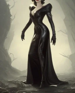 old evil queen in black leather gown, femme fatale, volouptous, busty, cleavage, angry, emperious, 8k resolution concept art portrait by Greg Rutkowski,