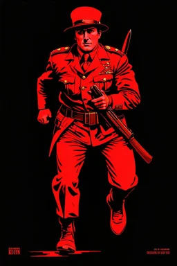 poster of a soldier(uniform and face based on racist steriotypes of canadian soldiers) running towards viewer, a knife i one hand, and a gun(barrel pointing at viewer) in the other. retro poster monochrome with white background