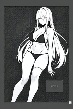 bikini long hair thin girl with leg in abyss pool, greyscale, sexy pose, screen tones