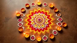 Top Front Center View of A Beautiful Traditional Rajasthani Colorful Rangoli (Using Colors Orange Yellow Pink Red Golden) Surrounded By Lots Of Diya On A Rustic Earthy Floor.