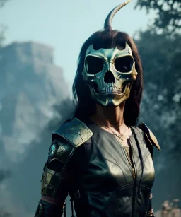 A badass Sofia Buttela wearing a dragon skull mask, atmospheric, realistic, unreal engine, cinematic lighting, octane render.