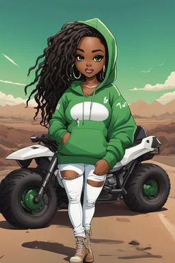 Create a Abstract Expressionism cartoon of a curvy African American chibi plus size female wearing tight white jeans and green hoodie. She is also wearing timberland boots. Prominent make up with hazel eyes. Highly detailed very extremely long locs of black hair. Her skin is smooth and silky. Background of a track of ATV riders.