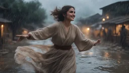 Hyper Realistic close-up-view of Beautiful-Happy-Pashto-Woman whirling across the streets of her village riverside at heavy-rainy-night with dramatic-&-cinematic-ambiance