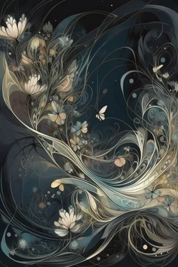 magic Illustration, multi-layered and multidimensional structure of the drawing, grasses, stars, transparent butterflies, sky, trees, unusual flowers, intricate details, extraordinary, fractal, surreal, drawing details, clear contour, botanical style, black, dusty gray, pale green, dark blue, pale burgundy, peach yellow, mother-of-pearl luster, curls, swirls, smoke, beautiful, soft lighting, 24k