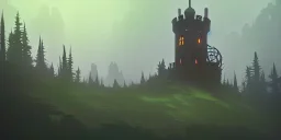 Ruined overgrown small castle tower in a dense coniferous forest, night, misty, atmospheric