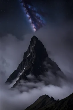 looking up at one single mountain sharp face rises out of the misty foreground into the night sky background.