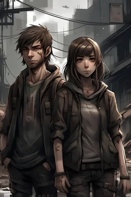 Pair of twins in a post apocalyptic city, one male and one female with a fringe in a semi realistic semi anime style