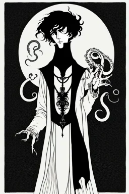 black haired young man necromancer wizard with gothic jewelry and tentacle fingers in the style of Aubrey Beardsley