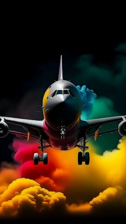 Scary big airplane flying with multicolored smoke and fire