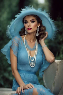 full body beautiful girl, elegant blue lace clothes of the 80s, luxury style, small elegant hat with feather, hair of the 80s, pearl necklace, earrings masterful, beautiful face