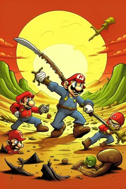 Super mario fighting zombies with a sword in the desert.