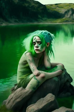 woman sitting on a rock, in a lake, green mottled skin, green hair