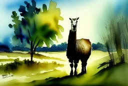 A happy llama stands in a pasture. Watercolour