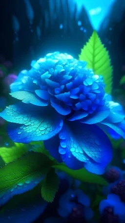 epic a full-size photo of a bright blue Hydrangea flower with innumerable petals, front illumination only, forest background, magic wake, fantasy illustration, sparks, glitter, grainy, noise, fractal crack effect, cinematic, deep depth of field, 3D, 16k resolution photorealistic, a masterpiece, breathtaking intricate details, reflective catchlights, high quality, abstract vector fractal, wave function, Zentangle, 3d shading