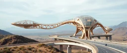benign transparent superwood alien space craft structure superwood highway bridge with exoskeleton in the style of Dali