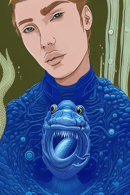 a sea monster with a human head, the body of a moray eel, fins of a fish, swims in the ocean