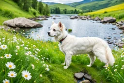 a lovely white dog in country side in green field flowers next to a river with clear water an small rocks in its floor