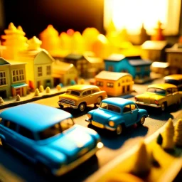 Close-up photograph of a diorama town made of felt, everything is fake, fake cars, fake people, sun, extreme detailed, volumetric light, movie shot, movie shot, noon-light, artistic photography, shot on Hasselblad, pastel colors