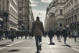 hombre caminando por el centro de una ciudad en pleno bullicio