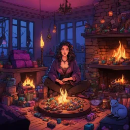 A cozy psychedelic style living room scene from middle age featuring a fireplace illuminating a table filled with worms and rats next to Zoë Bleu Sidel as a ghoul-queen in Agent Provocateur surrounded by piles of gifts