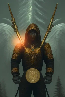 running berserker portrait , no face, black jogging suite , in the night Alps , holding coins , angels background, volumetric gold light, high detail, dark leaf tree, dark mountains in background, perfect, HR Giger style