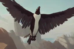 penguin flying in the sky with his two wings