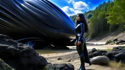 A long-haired woman in a catsuit standing on a beach of a rocky landscape with a crashed spaceship in the distance, with a forest beyond