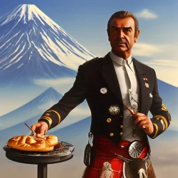 Sean Connery in a kilt eating a steam bun in front of Mt. Fuji