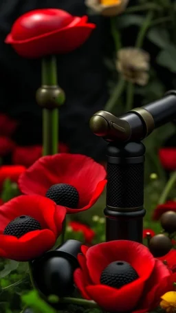 A small wooden hammer near a black pistol, a black leather glove and red lipstick in a dark garden filled with red poppies.Cinematic and realistic image