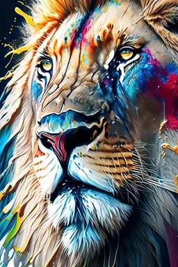 "lion", clean design, epic Instagram, art station, splash of colorful paint, contour, ((solid white background)), closeup, looking into camera, hyperdetailed intricately detailed, unreal engine, fantastical, cinema lighting, intricate detail, splash screen, complementary colors, fantasy concept art, 8k resolution, DeviantArt masterpiece, watercolor, paint dripping
