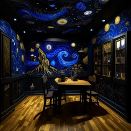A purplish black space with ESP stars designed in Javanese shadow puppets painted by Vincent van Gogh