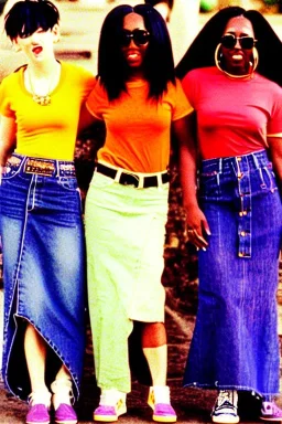 year 1996 denim fashion. Loose skirt, low waist. Colors: denim blue, blue, purple, cream, khaki, light green, lilac, plum, orange, terracotta, red, light yellow, lion yellow, pink, dark blue, beige. Gwen Stephani, Missy Elliot, Shirley Manson.