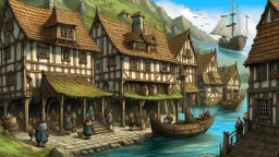 gothic medieval village at foot of cliffs, wooden harbour, shops, inn, taverns, houses, people, trees