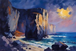 Dark blue sky, rocks, cliffs, 90's sci-fi movies influence, fantasy, mountains, konstantin korovin and ludwig dettman impressionism paintings