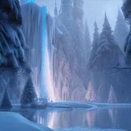 Ice palace in the snow, beautiful elves, frozen waterfall, Greg Rutkowski, John Howe, unreal engine, artstation,