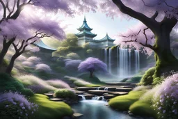 Palais de cristal, ambiance fleurie, collines magiques, transparences, cascades, magolia, glycine, pommier du japon