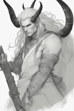 A dnd character portrait, a tiefling man with long hair and two long black horns that curve backwards, white eyes and pale skin.