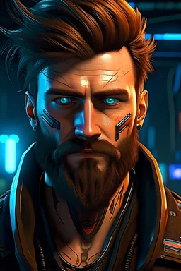 Cyberpunk masculine male with brown side parted 90s hair, brown beard and blue eyes