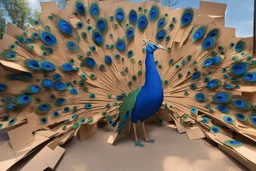 peacock scene made from torn cardboard boxes in sunshine