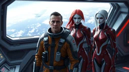 Photorealistic picture of a man in a flight suit with two tall, slender female androids in biosuits, one with red hair and one with white hair, standing on the bridge of a spaceship.