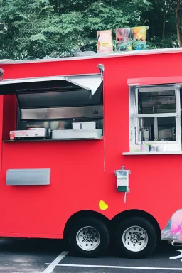 modern looking food truck that has a bunch of bright paint and flashy lights