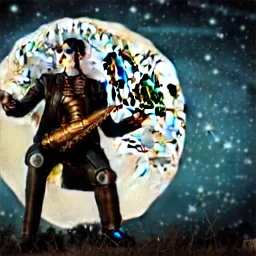 cyborg one man band, instruments, full moon background center large, steampunk style, 3d, hd