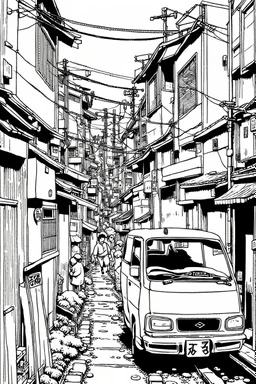 Poor neighborhood Tokyo, line arts, manga style