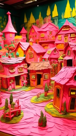 A pink magical village made out of puppets painted by Vincent van Gogh