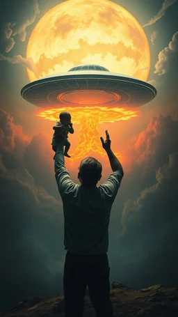 Bosch painting style nightmare, a man holding a baby up toward a ufo spaceship, in the background a nuclear explosion in the rear view , dramatic sad scene, fantasy, scary.